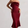 One And Only | Berry Satin Feather Trim Midi Dress