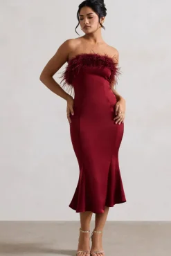 One And Only | Berry Satin Feather Trim Midi Dress