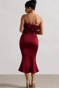 One And Only | Berry Satin Feather Trim Midi Dress