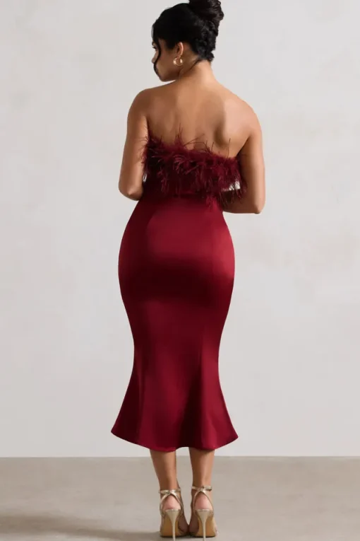 One And Only | Berry Satin Feather Trim Midi Dress