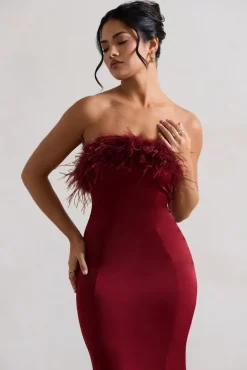 One And Only | Berry Satin Feather Trim Midi Dress
