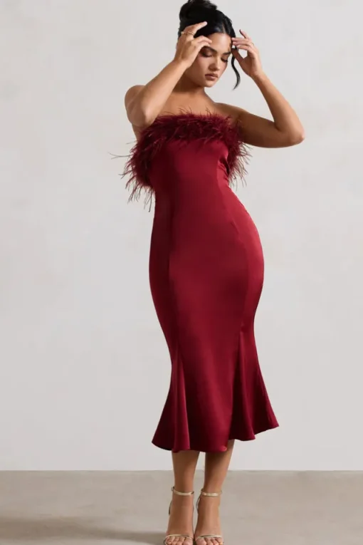 One And Only | Berry Satin Feather Trim Midi Dress