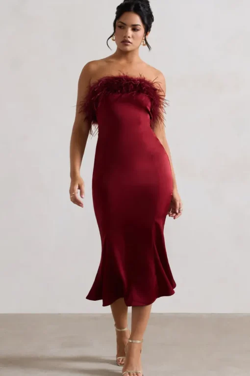 One And Only | Berry Satin Feather Trim Midi Dress