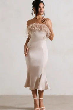 One And Only | Champagne Satin Feather Trim Midi Dress