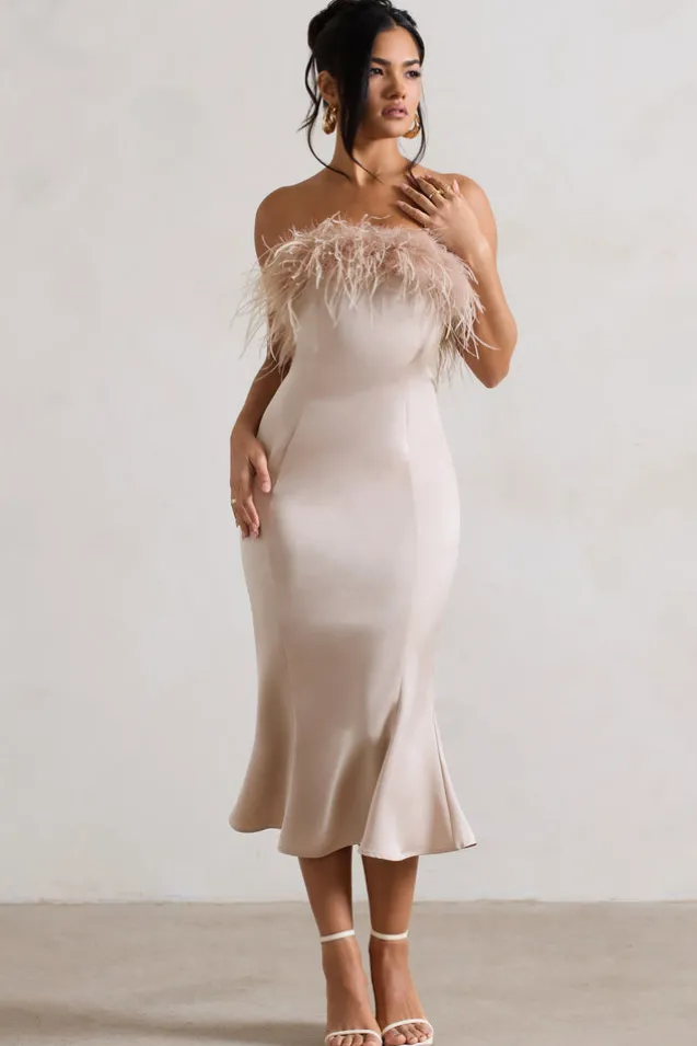 One And Only | Champagne Satin Feather Trim Midi Dress