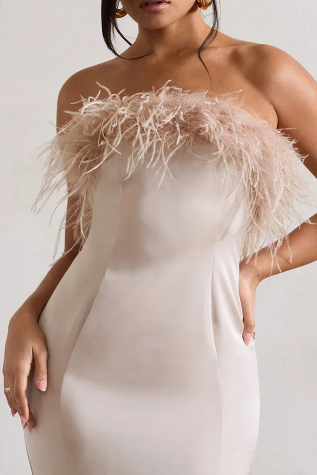 One And Only | Champagne Satin Feather Trim Midi Dress