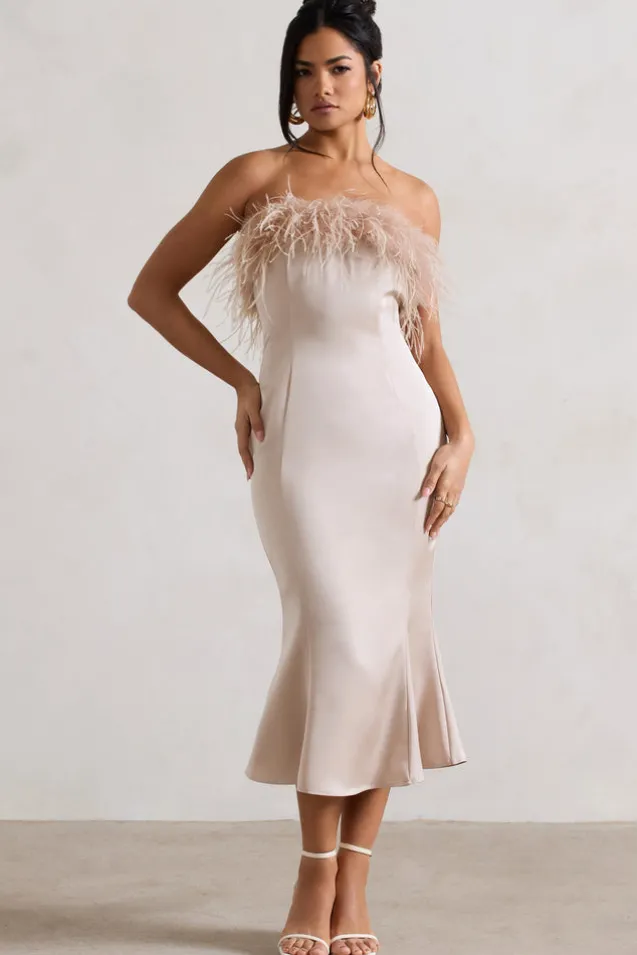 One And Only | Champagne Satin Feather Trim Midi Dress