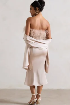 One And Only | Champagne Satin Feather Trim Midi Dress