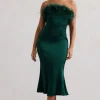 One And Only | Green Satin Feather Trim Midi Dress