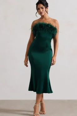 One And Only | Green Satin Feather Trim Midi Dress