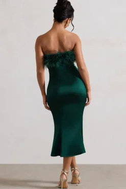 One And Only | Green Satin Feather Trim Midi Dress