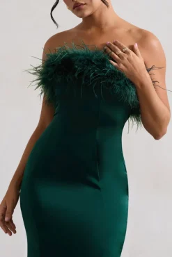 One And Only | Green Satin Feather Trim Midi Dress