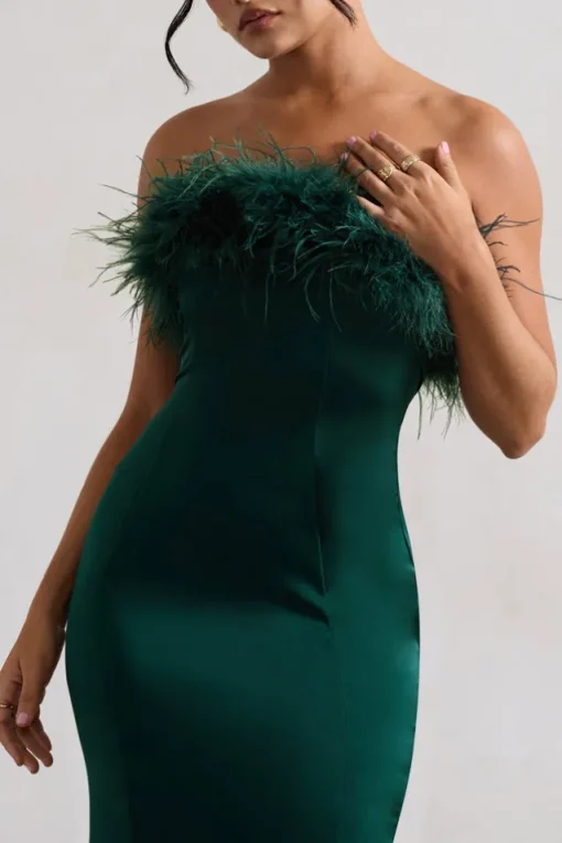 One And Only | Green Satin Feather Trim Midi Dress