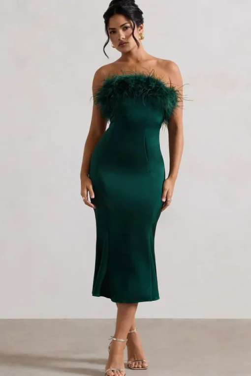 One And Only | Green Satin Feather Trim Midi Dress
