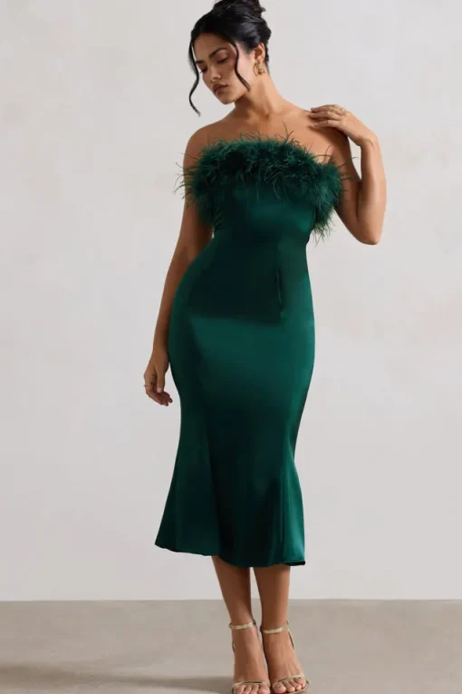 One And Only | Green Satin Feather Trim Midi Dress