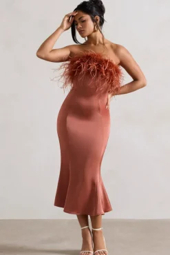 One And Only | Rust Satin Feather Trim Midi Dress