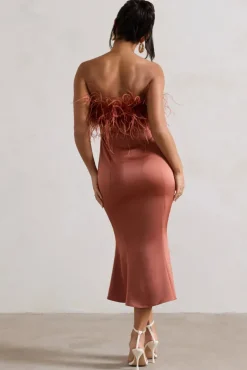 One And Only | Rust Satin Feather Trim Midi Dress