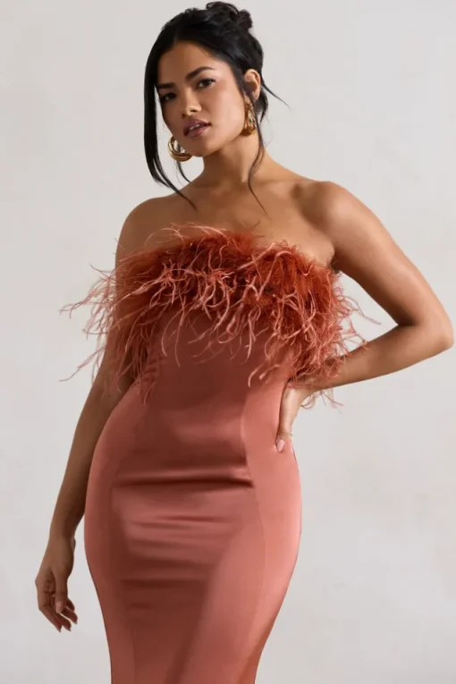 One And Only | Rust Satin Feather Trim Midi Dress
