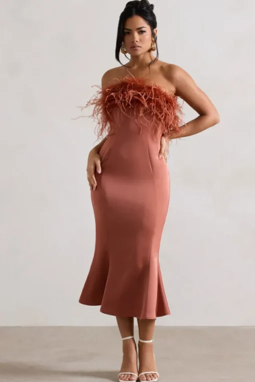 One And Only | Rust Satin Feather Trim Midi Dress
