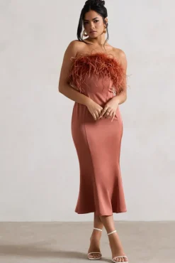 One And Only | Rust Satin Feather Trim Midi Dress