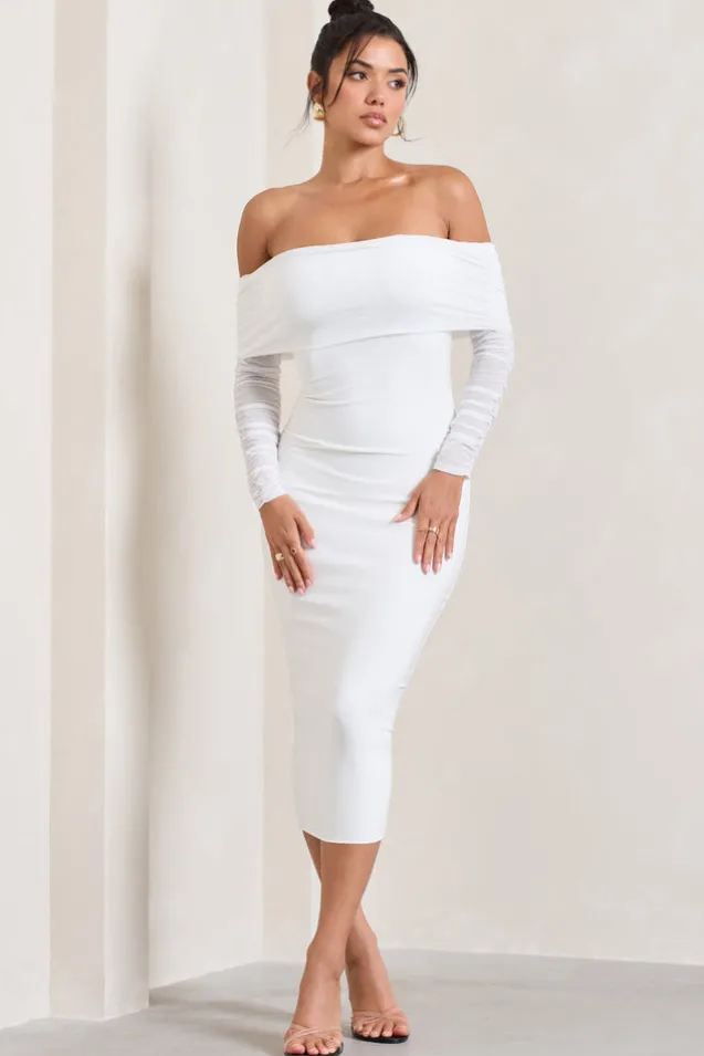 Only You | Ivory Ruched Mesh Bardot Midi Dress