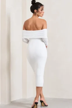Only You | Ivory Ruched Mesh Bardot Midi Dress