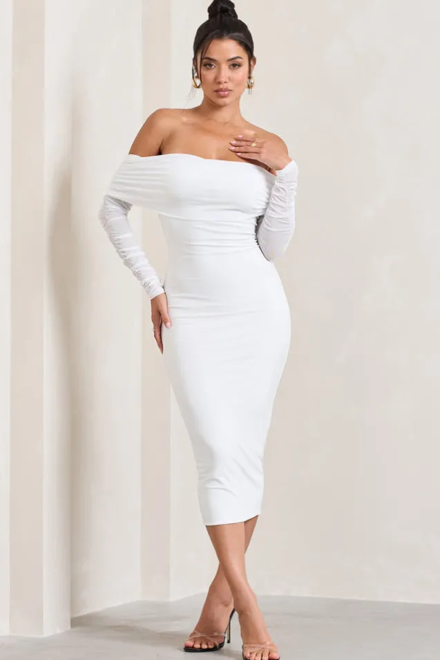 Only You | Ivory Ruched Mesh Bardot Midi Dress