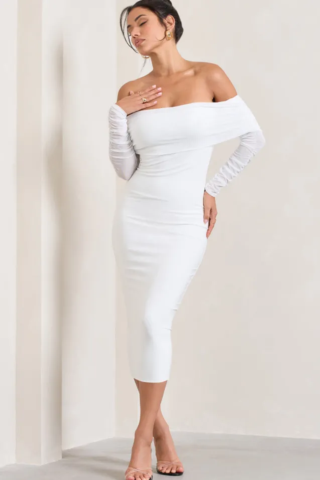 Only You | Ivory Ruched Mesh Bardot Midi Dress