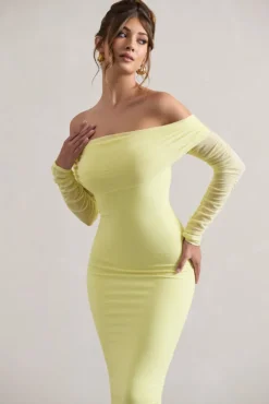 Only You | Lemon Ruched Mesh Bardot Midi Dress