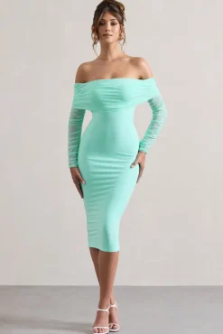 Only You | Mint Ruched Mesh Bardot Midi Dress