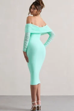 Only You | Mint Ruched Mesh Bardot Midi Dress