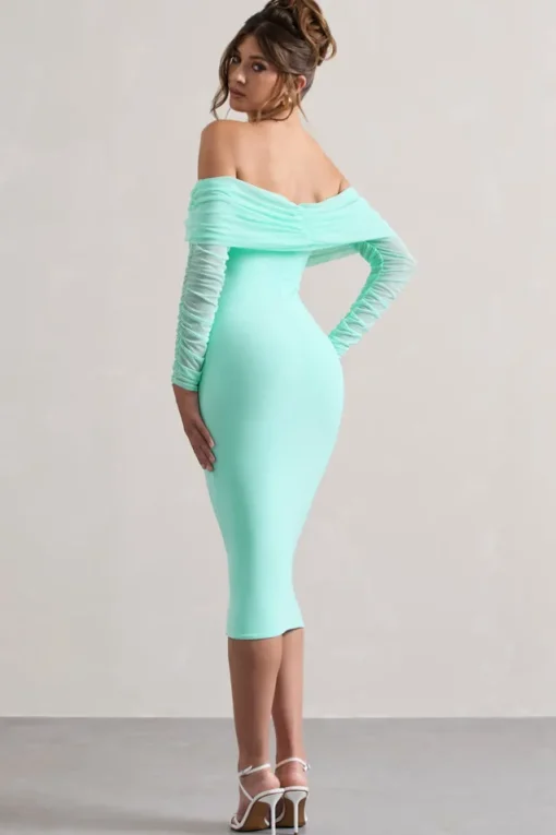Only You | Mint Ruched Mesh Bardot Midi Dress