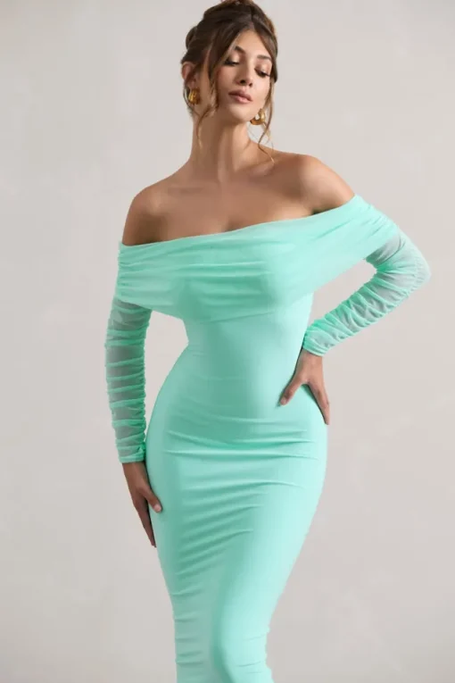 Only You | Mint Ruched Mesh Bardot Midi Dress