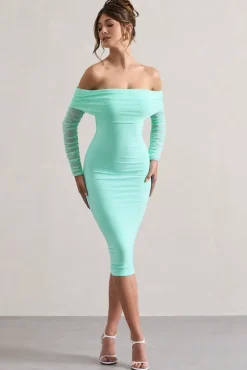 Only You | Mint Ruched Mesh Bardot Midi Dress