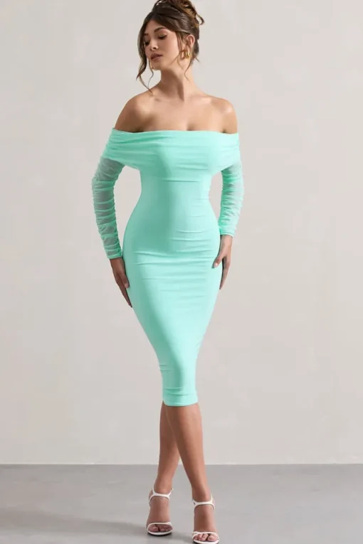 Only You | Mint Ruched Mesh Bardot Midi Dress