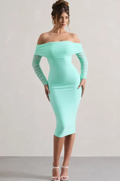 Only You | Mint Ruched Mesh Bardot Midi Dress