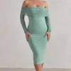 Only You | Sage Ruched Mesh Bardot Midi Dress