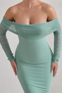 Only You | Sage Ruched Mesh Bardot Midi Dress