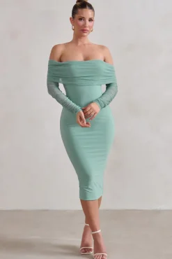 Only You | Sage Ruched Mesh Bardot Midi Dress