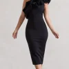 Orchestra | Black One Shoulder Ruffled Midi Dress