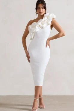 Orchestra | White One Shoulder Ruffled Midi Dress