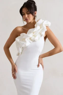 Orchestra | White One Shoulder Ruffled Midi Dress