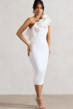 Orchestra | White One Shoulder Ruffled Midi Dress