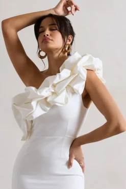 Orchestra | White One Shoulder Ruffled Midi Dress