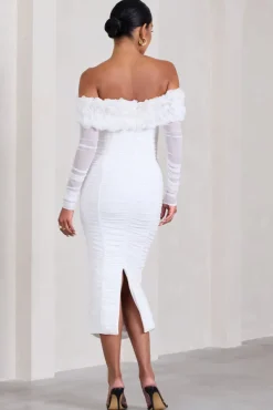 Orchid | White Ruched Mesh Floral Bardot Maternity Midi Dress