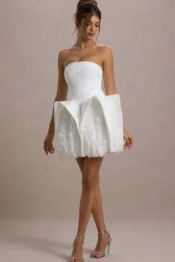 Orchid Oasis | White Bandeau Mini Dress With Puff Floral Hem