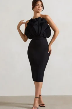 Oria | Black Ruffled Strapless Midi Dress