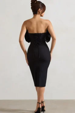 Oria | Black Ruffled Strapless Midi Dress