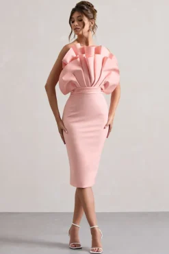 Oria | Pink Ruffled Strapless Midi Dress