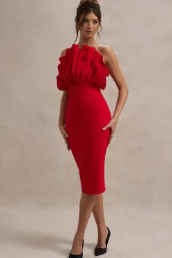 Oria | Red Ruffled Strapless Midi Dress